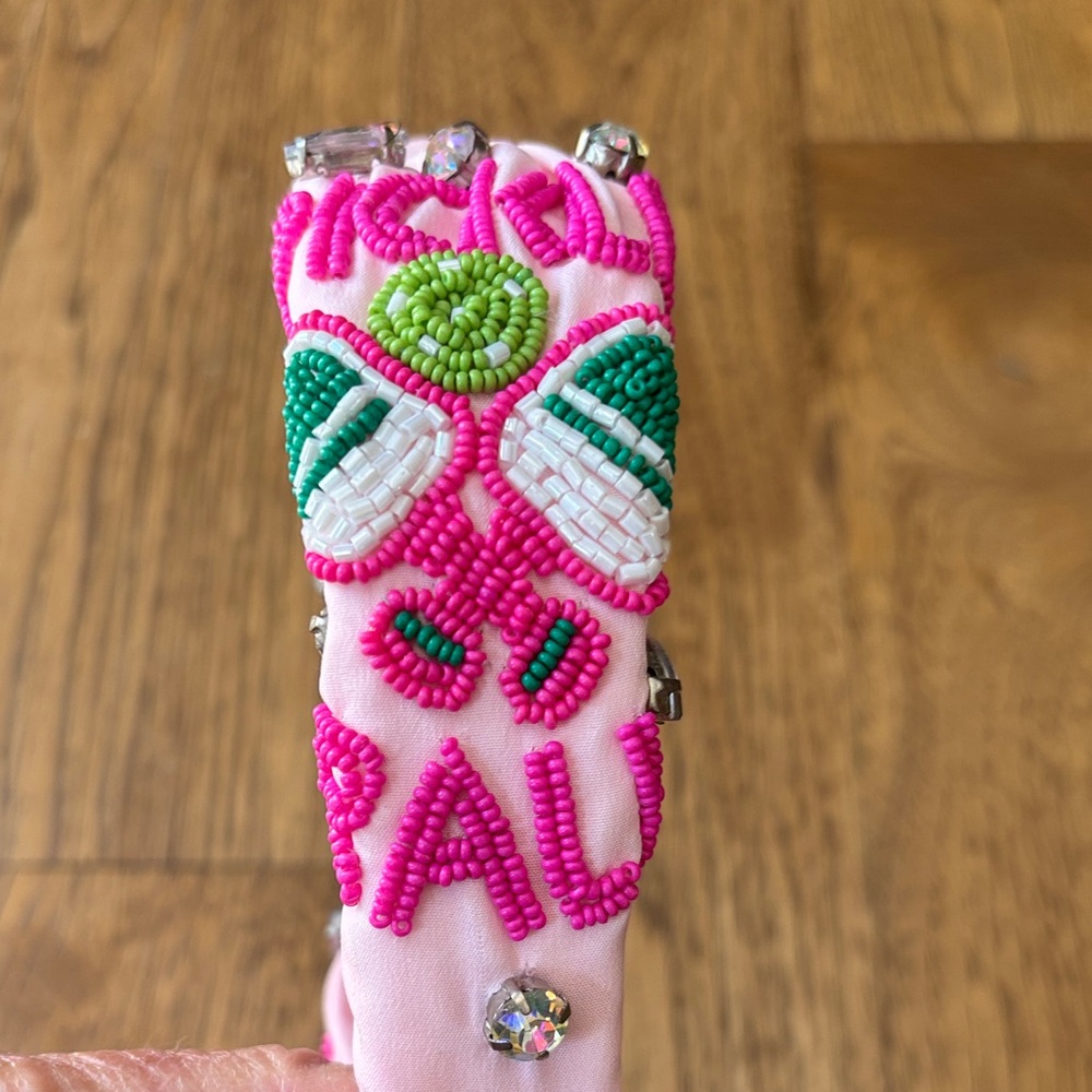 Pink Beaded Pickleball Headband with Green and White Accents